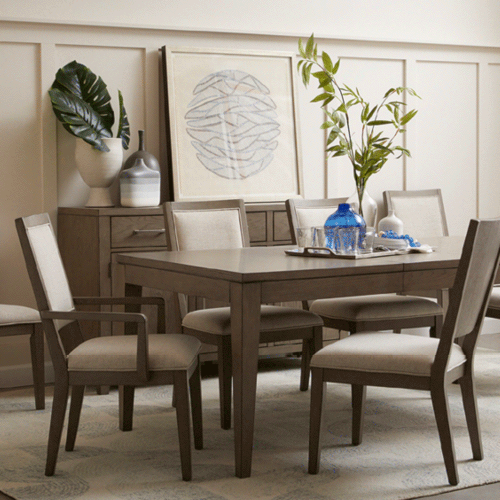 wooden dining table and chairs with grey cushions